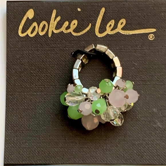 🌳 Genuine Crystal Green Pink & Clear Stretch Ring Silver Tone by Cookie Lee - Picture 5 of 9
